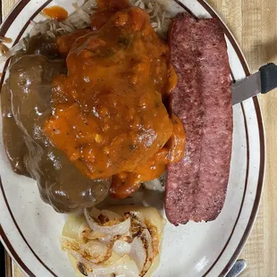 Slavic sampler (pierogies, city chicken, golumpki, kielbasa). Note: More Polish made than Slovak.