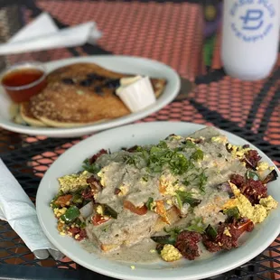 Loaded biscuits and gravy and johnnycakes