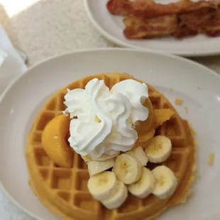 Belgian waffle with a side of bacon