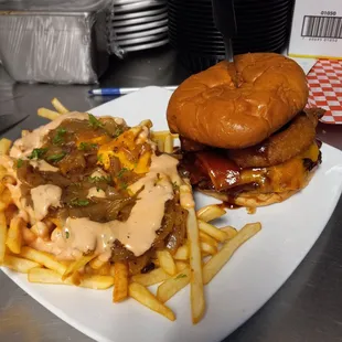 BBQ Bacon cheeseburger with fox fries upgrade.