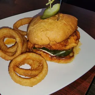 Nashville hot chicken with onion rings