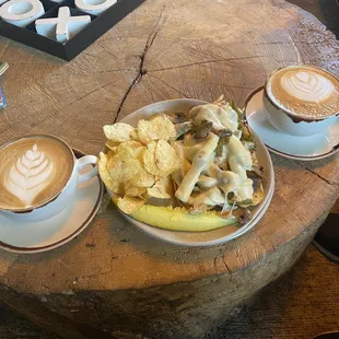 Two marshmallow mochas and a chicken phili cheesecake to share.  A lot of chicken and delicious.