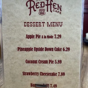 Dessert menu