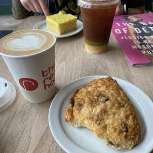Lemon cake, iced coffee, mocha and banana chocolate malt scone.