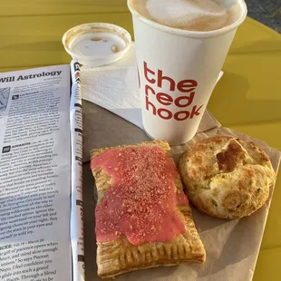 Brown Sugar Espresso Oat Milk Latte; bacon cheddar popover &amp; strawberry pop tart / pre-hunger destruction