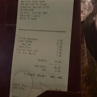 Receipt (we only got some drinks)