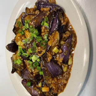 Eggplant w/Minced Pork and Peppers 
(Can sub w/ Beef)