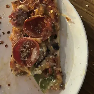 a slice of pizza on a plate
