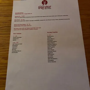 Pizza menu.