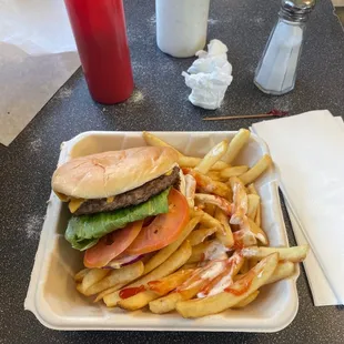 "So and so" Cheese burger with fries.