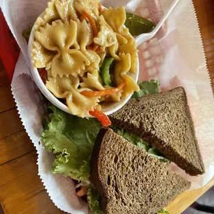 On The Rail on rye with bow thai pasta salad