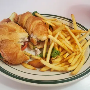 Tuna salad on a buttery cuisant with Avocado added and shoestring fries.