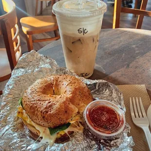 Santa Fe bagel and iced coffee with sweet cream