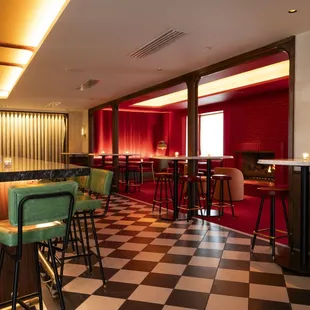 a checkered floor and bar