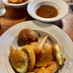 Tempura Veggies with Tempura Shrimp in the background
