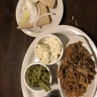 Pulled pork plate with green beans and potato salad