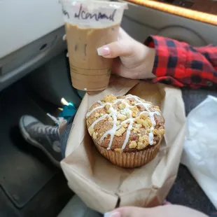 Iced mocha, coffee cake muffin