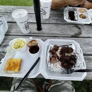 Burnt ends, potato salad and corn bread