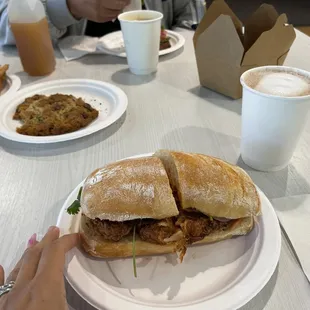 Mocha, pastries and a chicken sandwich