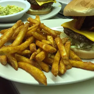 Bacon cheese burger and spicy fries