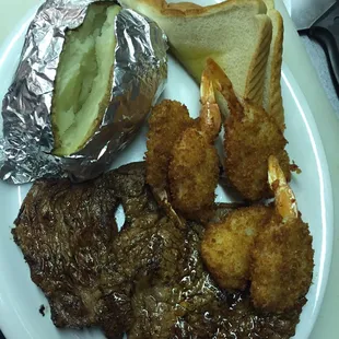 6oz ribeye with fried shrimp dinner