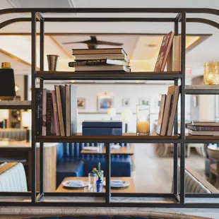 a bookshelf in a restaurant