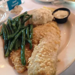 Walleye with green beans and mashed potatoes
