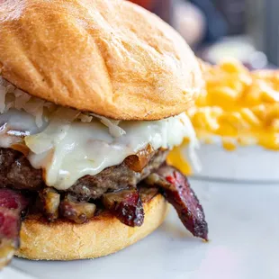 Pastrami Burger w/ caramelized Onions and Mac &amp; Cheese Upgrade ($19 + $2/onions + $5.50/M&amp;C)