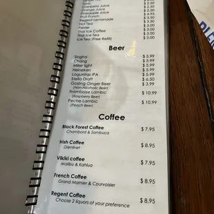 Drink menu (non alcoholic, beer, and coffee)