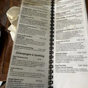 Drink menu (wine and champagne)