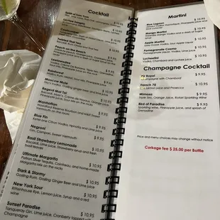Drink menu (cocktails, martinis, and champagne cocktails)
