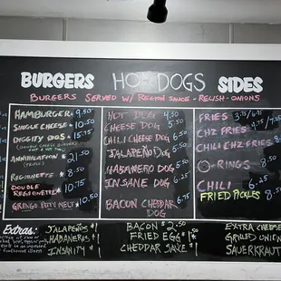 a menu of burgers and sides