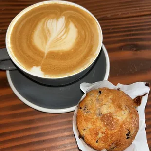 Dusty Rose Latte with Design and Blueberry Muffin