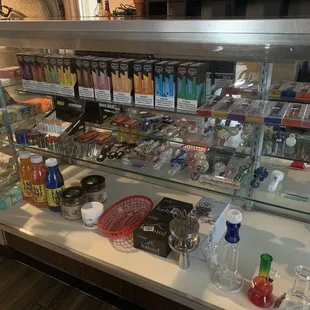 a counter with a variety of items