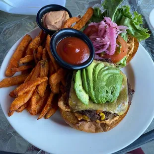 This place has delicious food. The Black Bean Veggie Burger &amp; Sweet Potato fries are amazing!