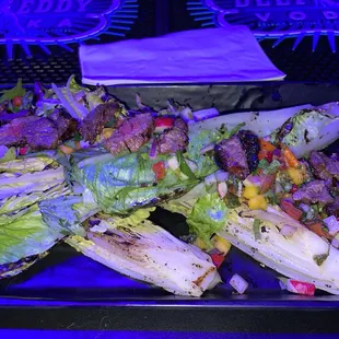 Grilled Romaine Fattoush Lemongrass Beef Skewers (GF)