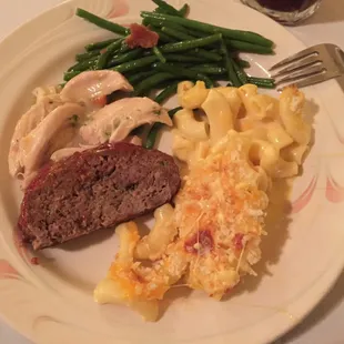 Meatloaf, Mac and cheese, chicken and dumplings &amp; bacon green beans