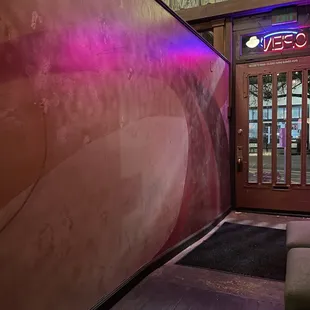 the entrance to a restaurant