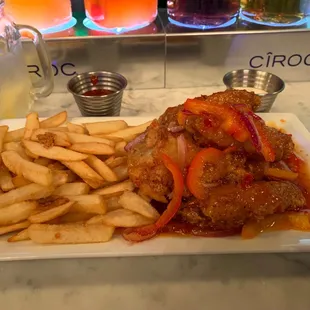 Sweet Chili Wings with Fries.