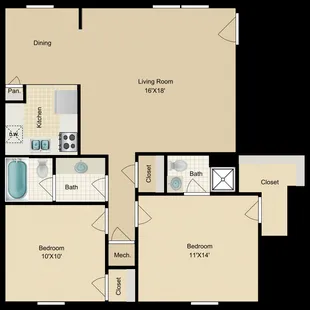2 Bedroom 2 Bath 910 Sq Ft