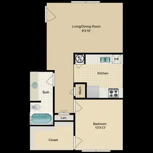 1 Bedroom 1 1/2 Bath 725 Sq Ft