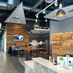 Coworking area high top and kitchen