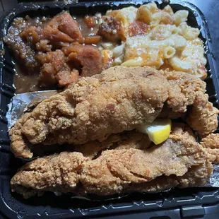 Fried whiting with yams and Mac n cheese