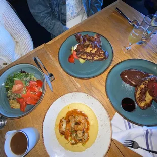 Savory French toast with bacon, shrimp and grits, French toast sampler, Sunrise bowl with smoked salmon