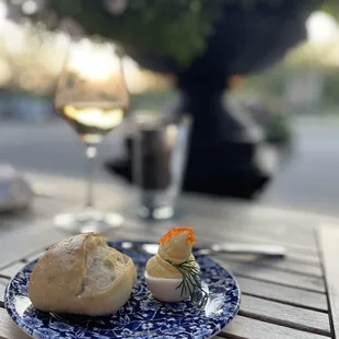 Truffle, roe deviled eggs on the front patio