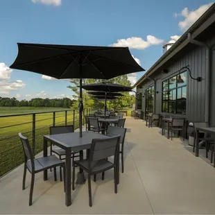 a patio with tables and umbrellas