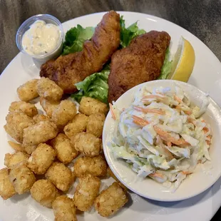 Fish and chips!  substituted fries for tater tots.  Comes cole slaw.