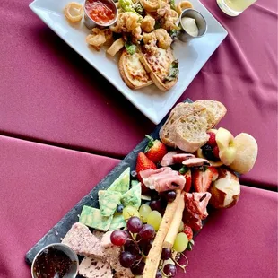 Charcuterie board and calamari plate