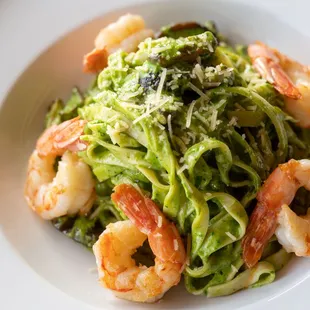 Housemade Tagliatelle with Pesto and Shrimp