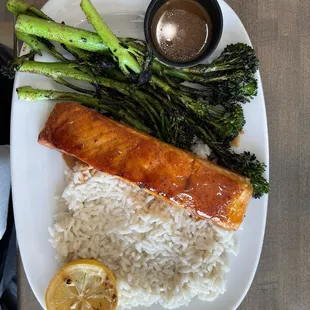 Bourbon, glazed salmon with broccolini and Jasmine rice